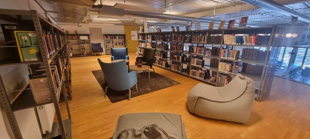 Bilde fra Hol folkebibliotek som viser hyller med bøker og en sittegruppe