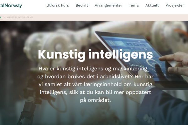 Bilde med tekst: "Kunstig intelligens. Hva er kunstig intelligens og maskinlæring og hvordan brukes det i arbeidslivet. Her har vi samlet alt vårt læringsinnhold om kunstig intelligens slik at du kan bli mer oppdatert på området."
