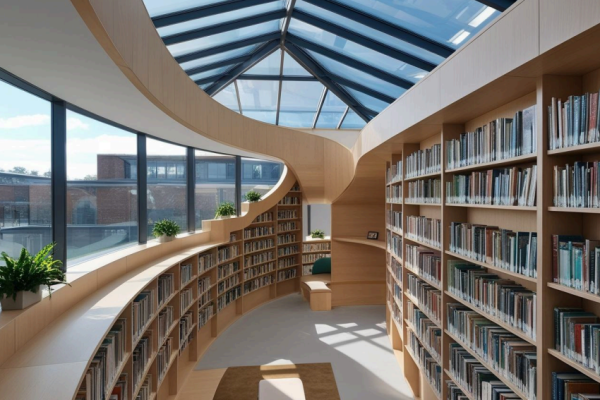 Bilde av et modernistisk bibliotek. Lyse fine lokaler, mye bøker i hyllene