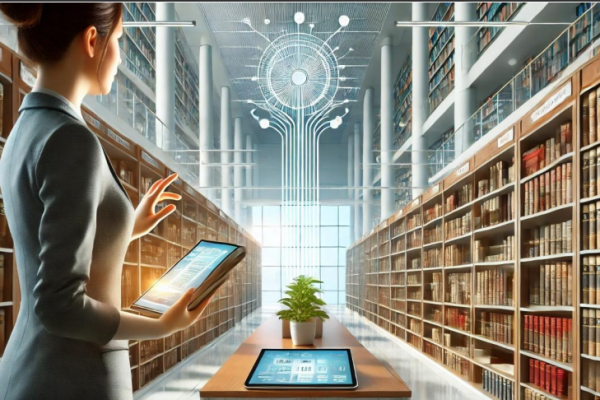 Øverste på bildet står en kvinne med grå dressjakke og brunt oppsatt hår til venstre i bildet og holder en nettbrett og ser utover en bibliotek. Bokhyller fulle av bøker på hver siden av rommet, i midten av rommet en langt lyst trehvitt bord med planter midten på bordet, nettbrett på den ene enden som står mot kvinnen, bakerst på langsiden av rommet er det et stor vindu og dataprogram hologram som stråler opp fra enden av bordet foran vinduet.
