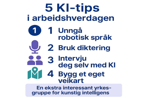 forside med 5 KI-tips i arbeidshveragen. Foran hver tips er det et symbol i rekkefølgen ettall, mikrofon, to mennesker som sitter ved siden av hverandre og kartsymbol