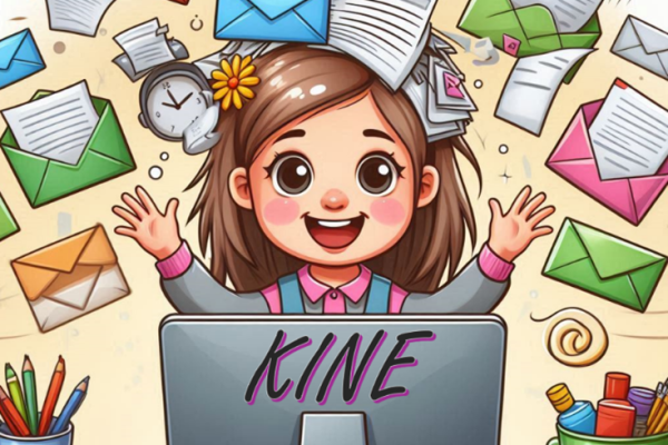 animert bilde med smilende kvinner med store øyne og brun hår foran pc-skjerm det står KINE på. Over kvinnen er det en halvsirkel med åpnede og uåpnede konvolutter med brev i og en klokke. På pulten ved siden av PC-en er det beholdere med tegnestifter og annen kontorrekvisita