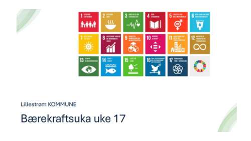 FNs bærekraftsmål med logo, farge og tittel øverst, Bærekraftsuka uke 18 Lillestrøm kommune under og grønne halvsirkler øverst til venstre og nederst til høyre i bildet
