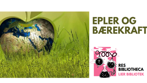 Jordkloden formet som et eple med stilk og blad venstre i bildet. Eple og bærekraft, Res bibliotheca og Liler Bibliotek nederst til høtre. Labutstyr som ulike kobler koblet sammen og røky som kommer opp fra de som logo til venstre for teksten