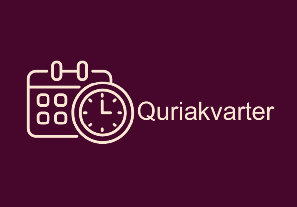 illustrasjon med kalender og klokka til venstre og "Quriakvarter" til høyre