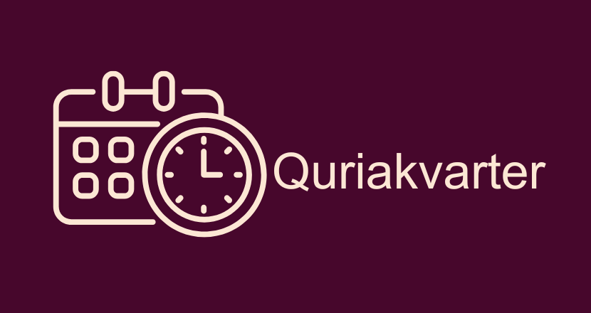 illustrasjon med kalender og klokka til venstre og "Quriakvarter" til høyre